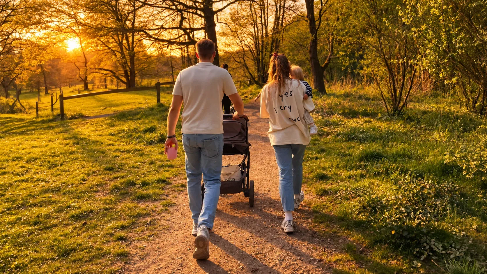 Kateryna und Cornelius mit Kind und Kinderwagen beim Spaziergang im Abendlicht